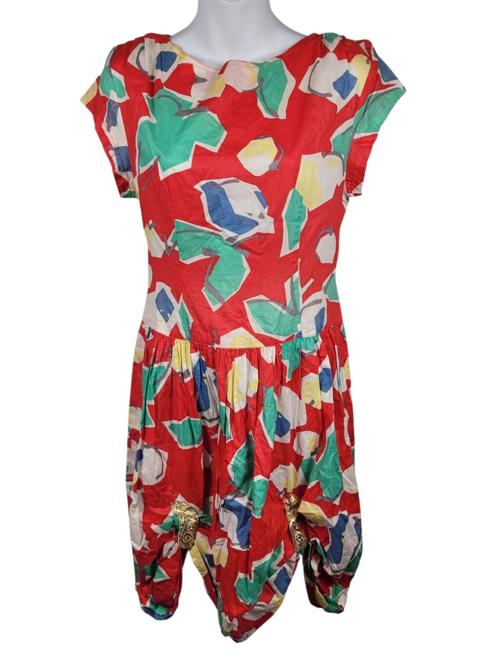Y2K Red & Gold Floral Pattern One Piece Dress Size: Small